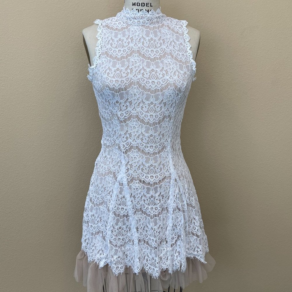 Francescas Womens White Floral Lace Mock Neck Dress Tulle Size XS